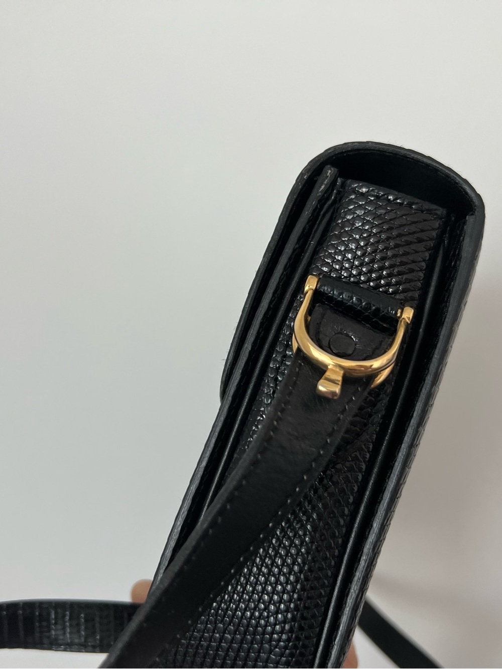 Celine Black Lizard-Embossed Leather Crossbody with Gold Carriage Plaque - Picture 3 of 11